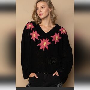 POL V-neck Floral Embroideted Sweater